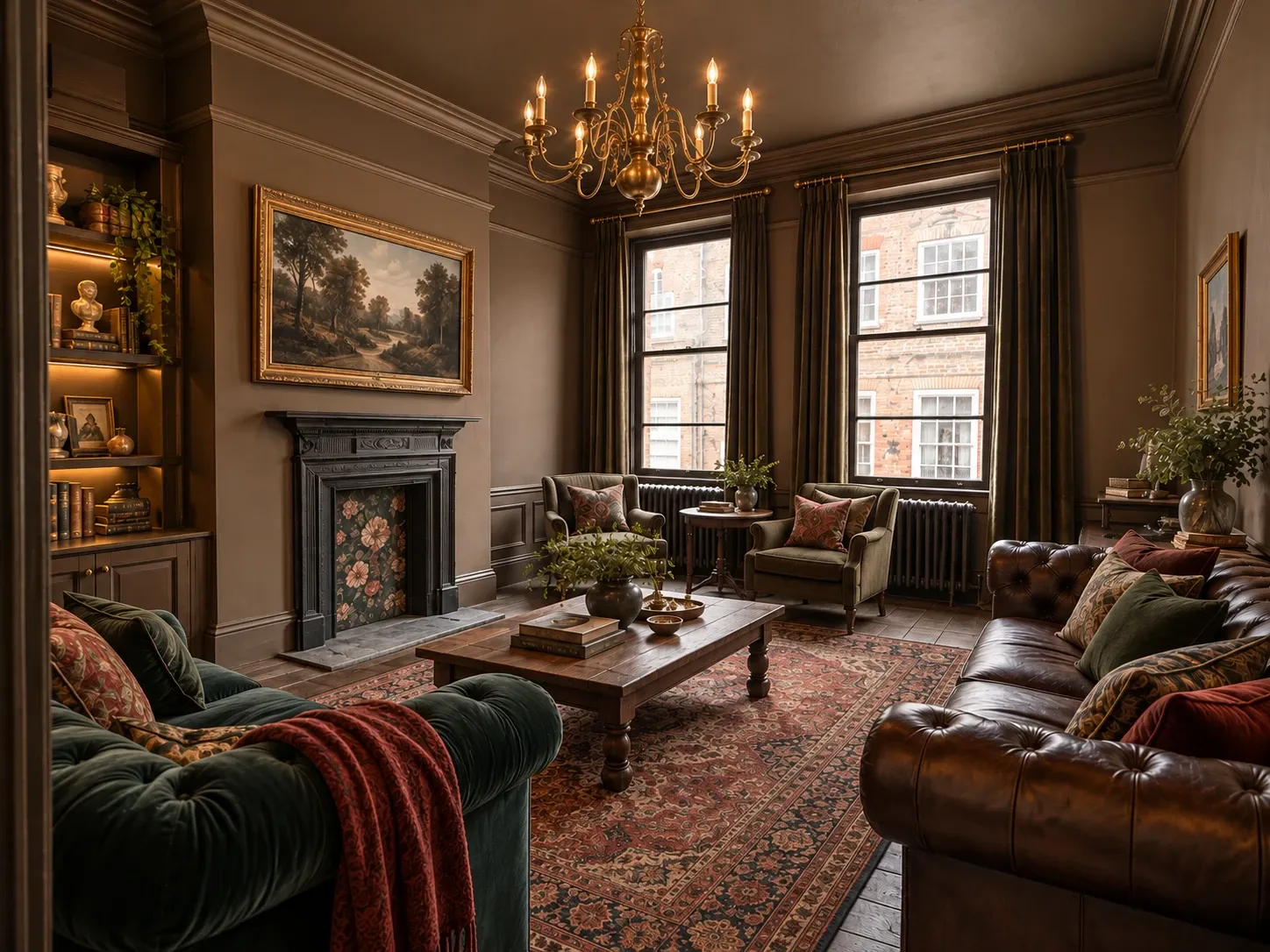 The drawing room: colour-drenched walls, a cast-iron fireplace, Chesterfield sofas and a brass chandelier