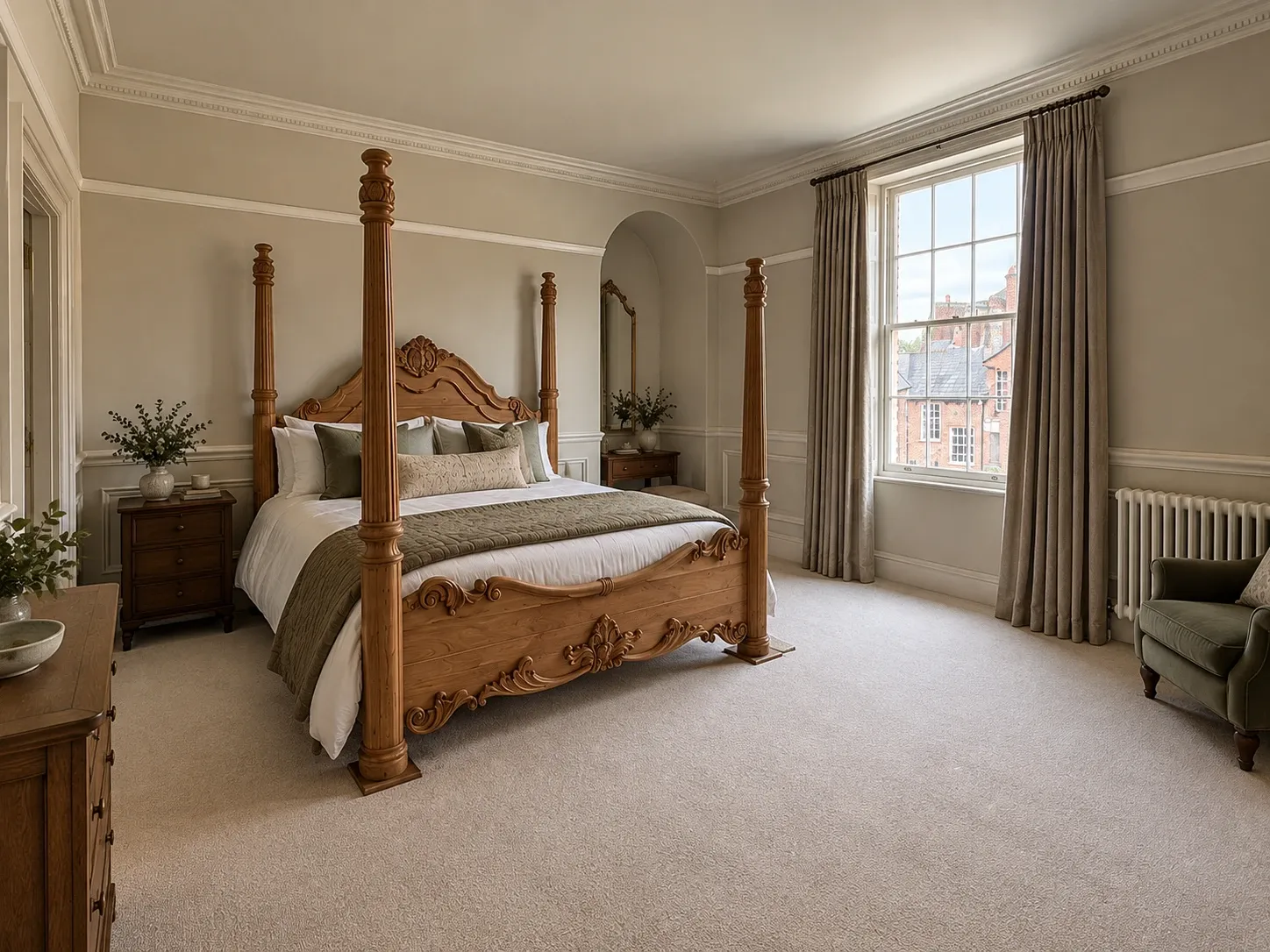 A bedroom with a carved four-poster bed and tall sash window