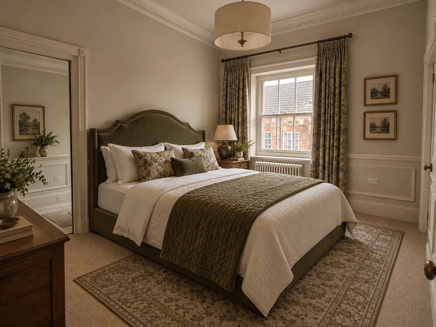 Bedroom 3, with an upholstered olive headboard and floral curtains