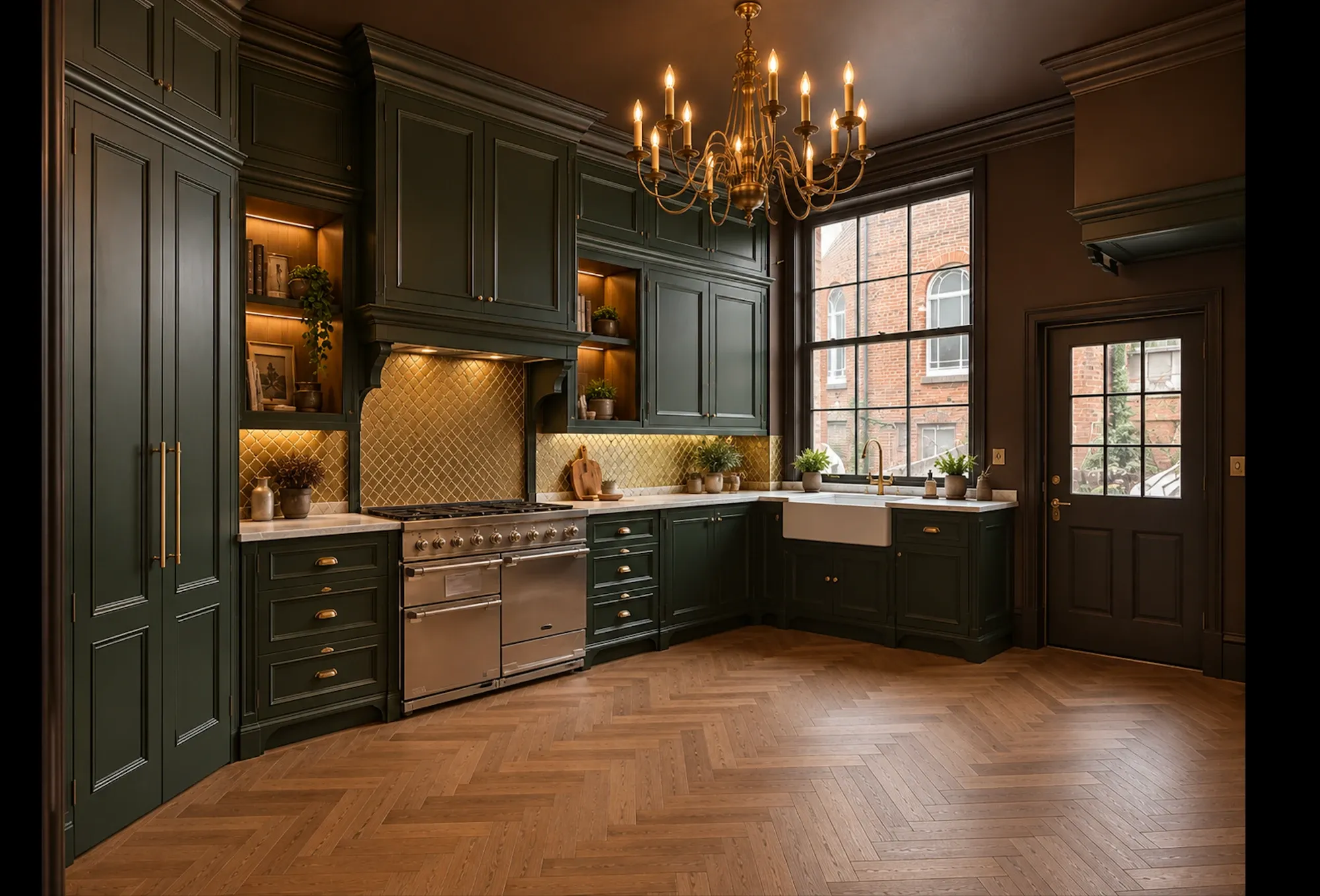 The kitchen: deep green cabinetry, gold-toned mosaic tiles, a range cooker and a Belfast sink
