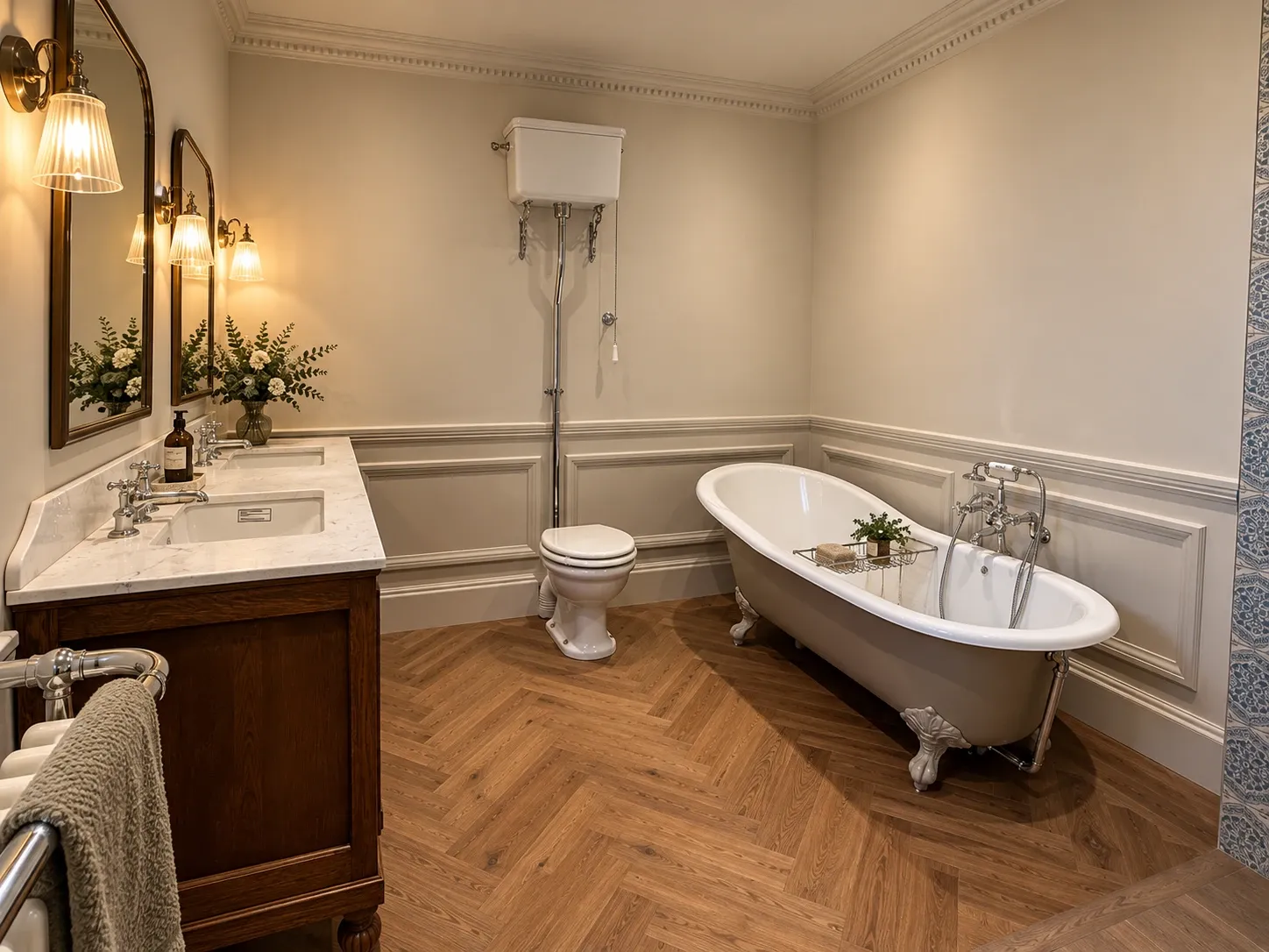 The principal bathroom: a roll-top bath, double vanity with marble top and high-level cistern