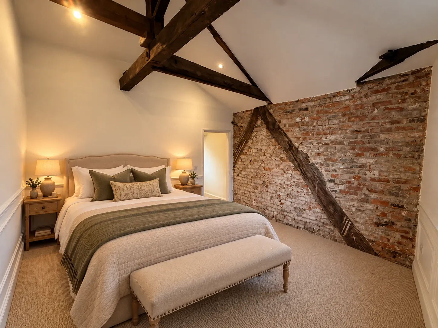 Bedroom 5, The Minster: a king-size bed under exposed oak roof trusses, with an old timber frame set into a bare brick wall