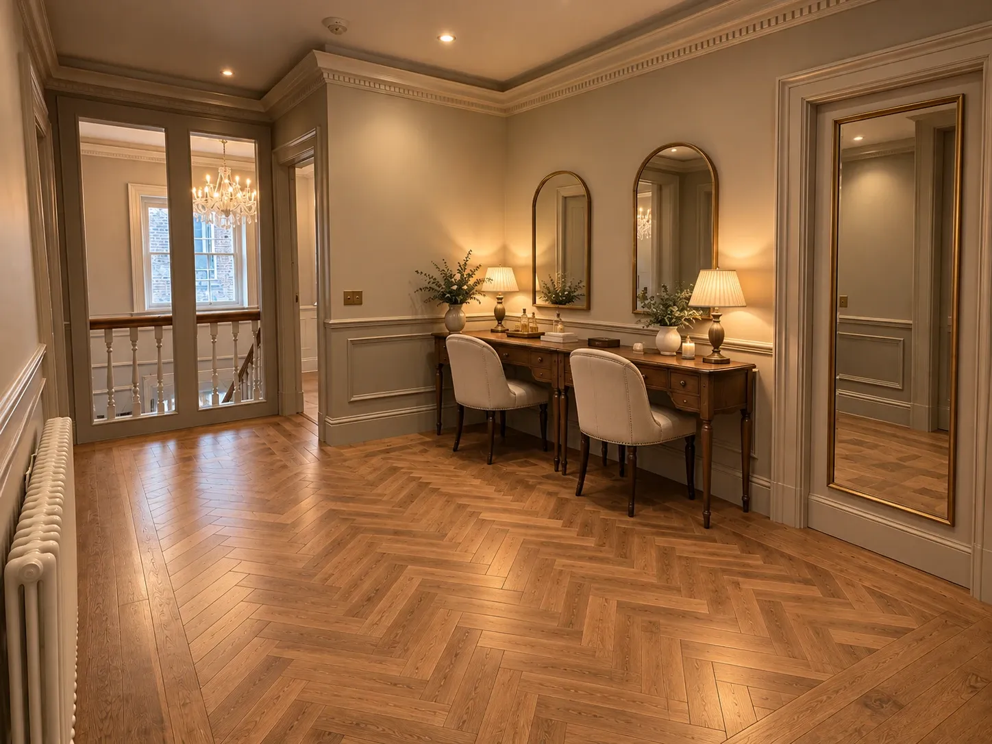 The second-floor landing: herringbone oak floor, panelled walls and a dressing table with two arched brass mirrors
