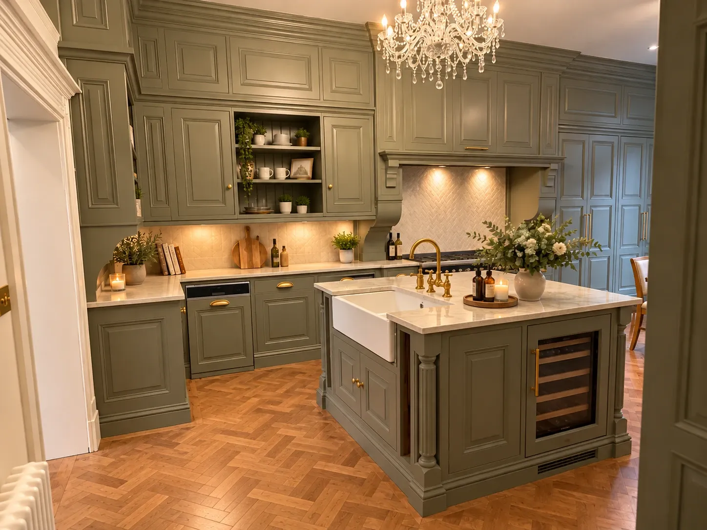 The kitchen: sage-green panelled cabinetry, a marble-topped island with a Belfast sink and brass taps, a wine fridge and a crystal chandelier