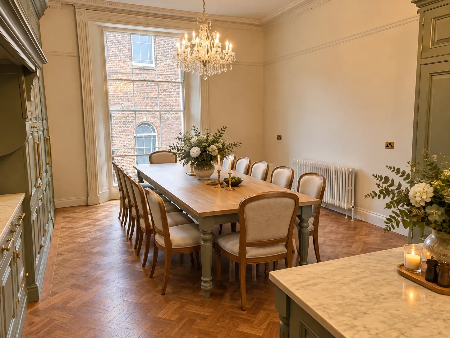 The dining room: a long oak table with upholstered chairs for a large group, beneath a crystal chandelier and a tall Georgian sash window