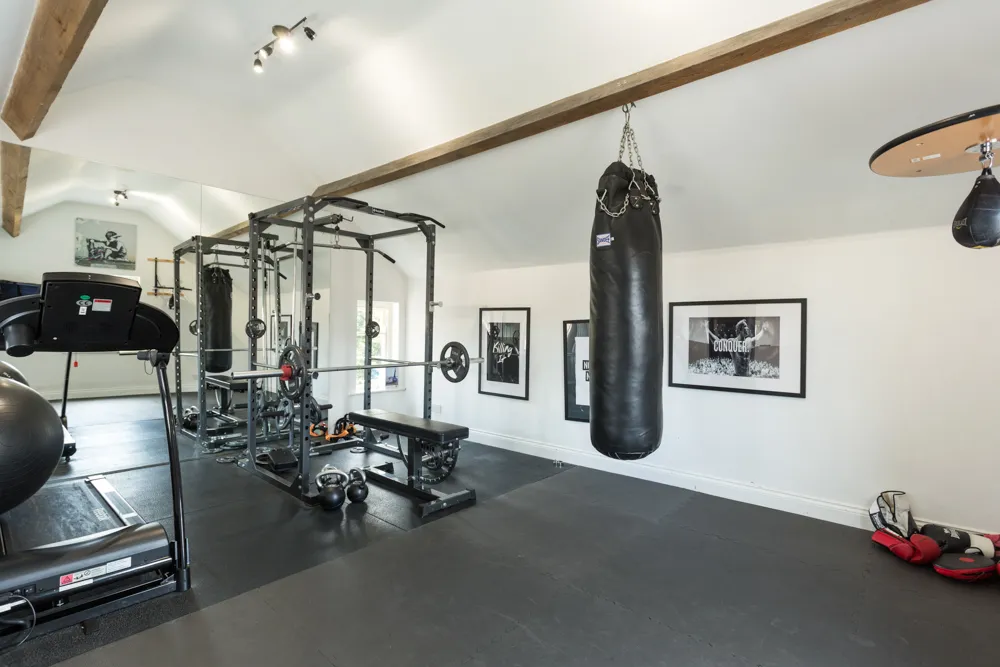 Private gym with treadmill, squat rack and punch bag