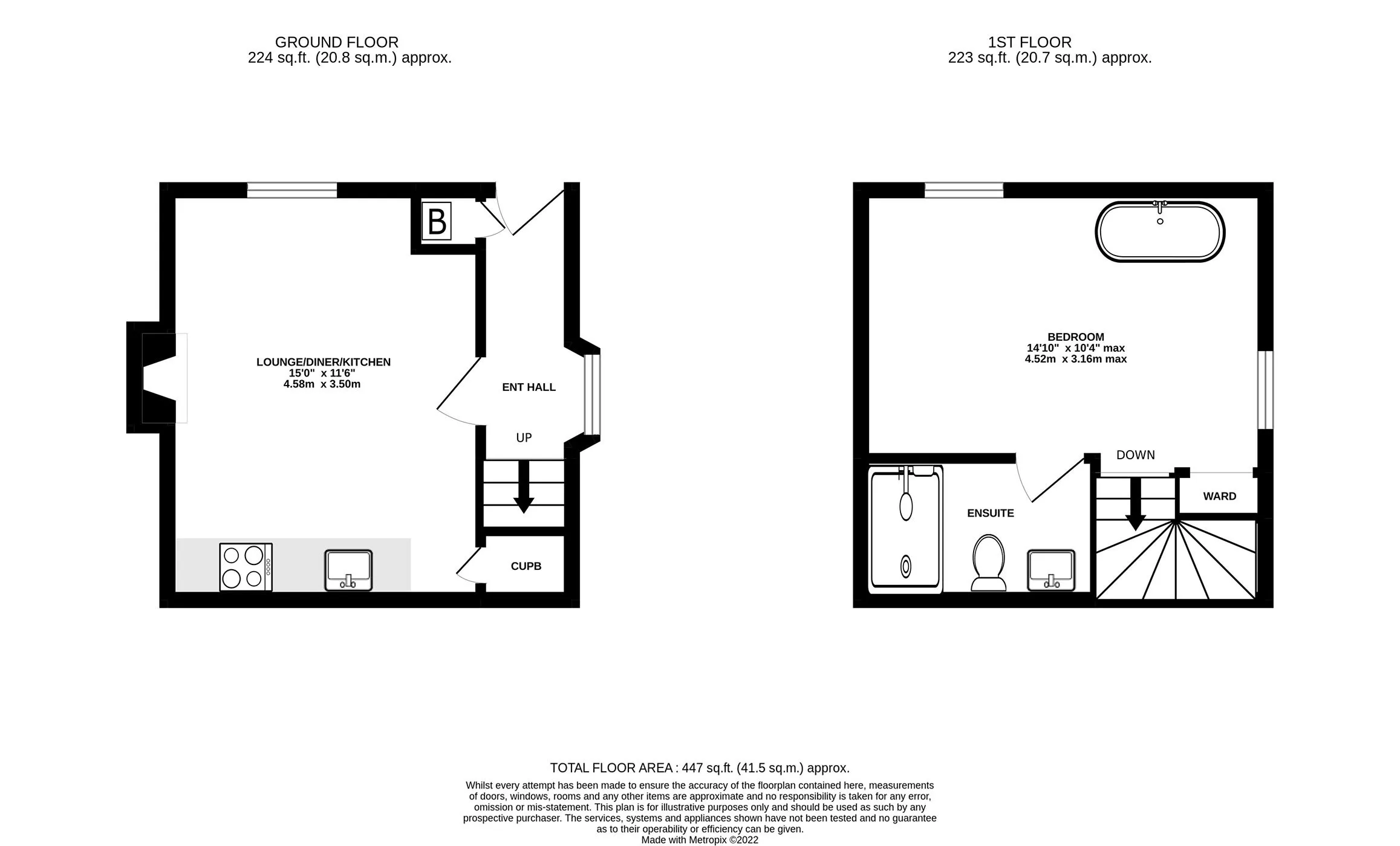 Floor plan of Forresters Cottage: 447 sq ft (41.5 sq m) over two floors, one bedroom with roll-top bath and en suite