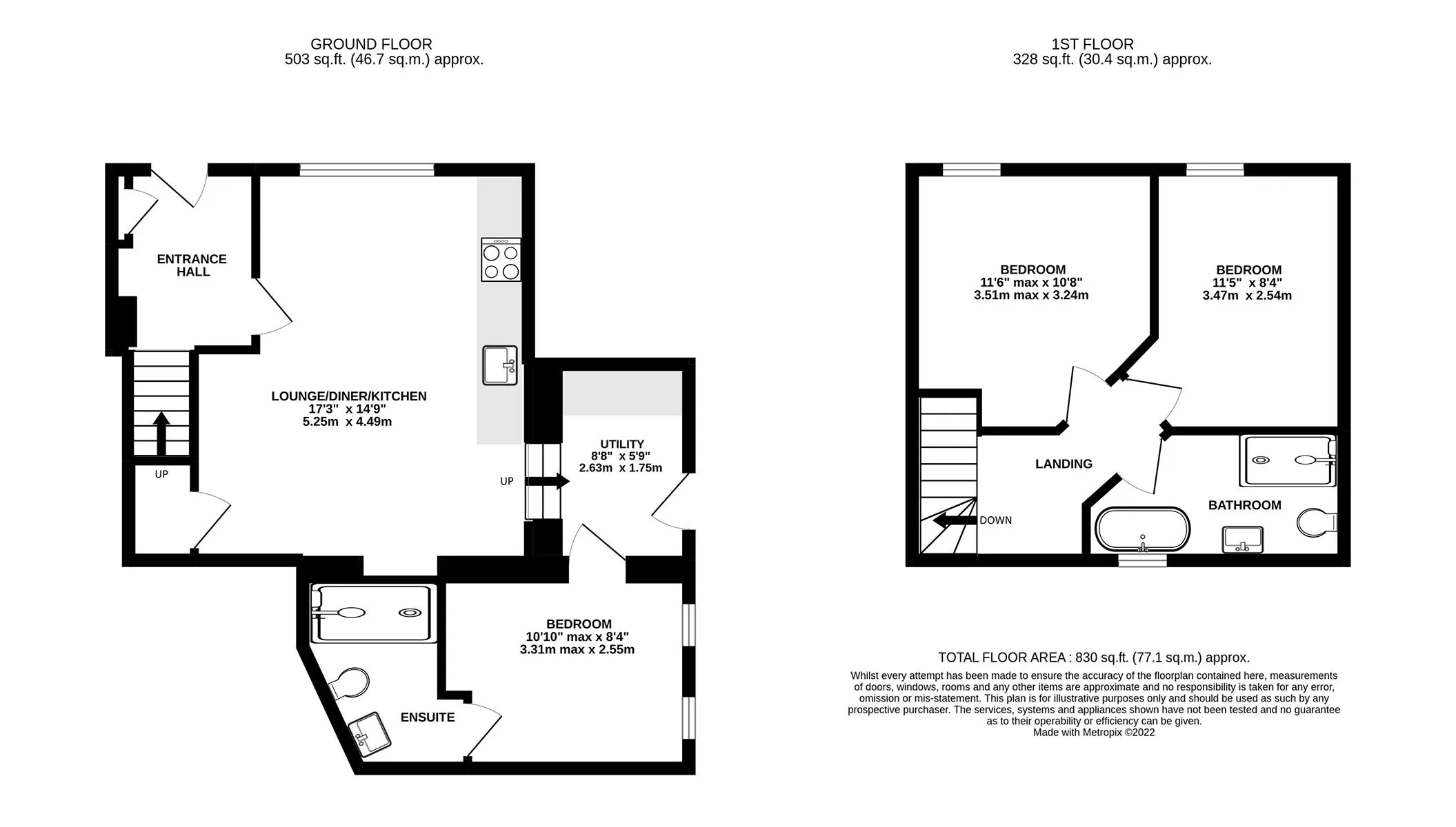 Floor plan of The Old Vet's House: 830 sq ft (77.1 sq m) over two floors, three bedrooms, en suite and bathroom
