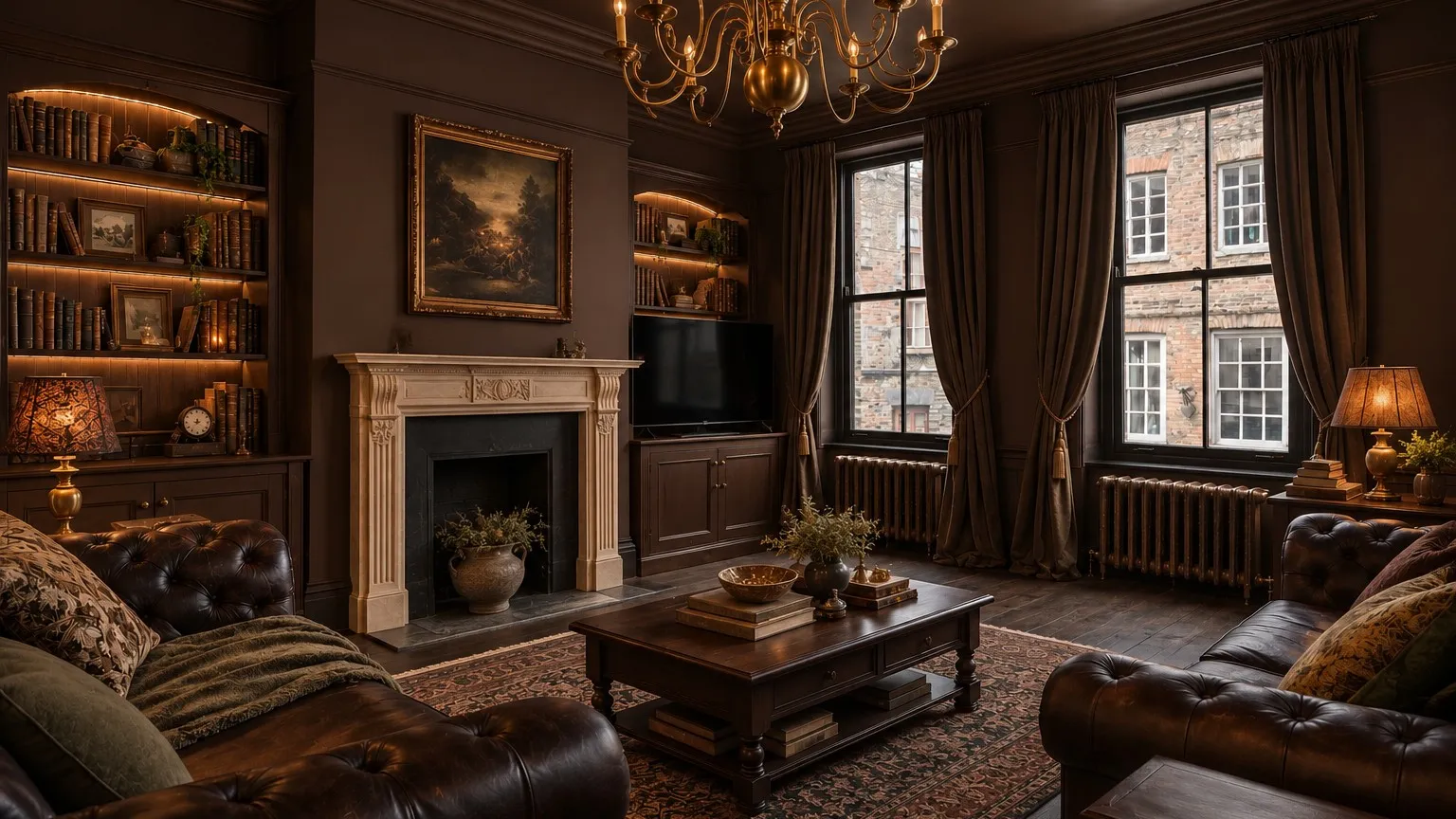 The Snicklegate drawing room: dark panelled walls, brass chandelier, Chesterfield sofas and a carved stone fireplace